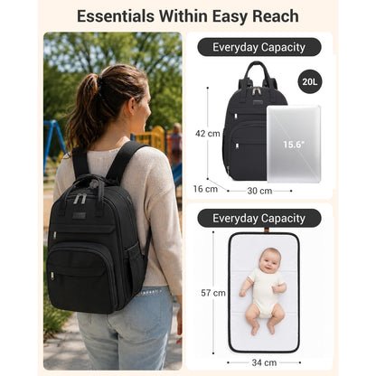 BCK2623 - Kono 2-in-1 Nappy Changing Backpack Set, Large Capacity Diaper Bag With Changing Mat - Black
