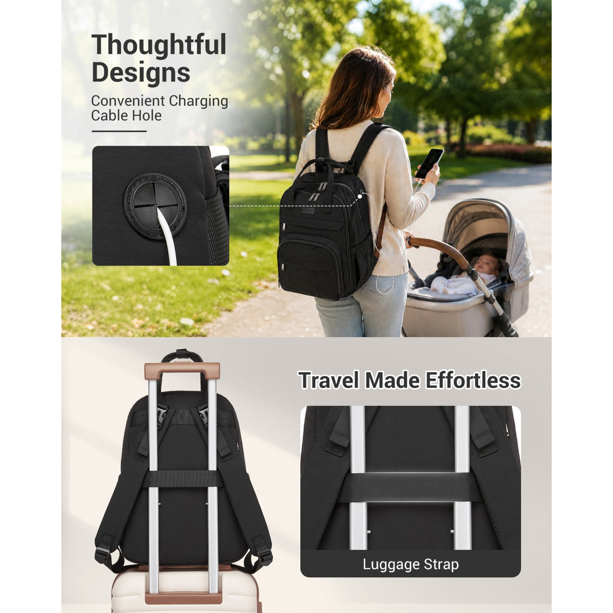 BCK2623 - Kono 2-in-1 Nappy Changing Backpack Set, Large Capacity Diaper Bag With Changing Mat - Black