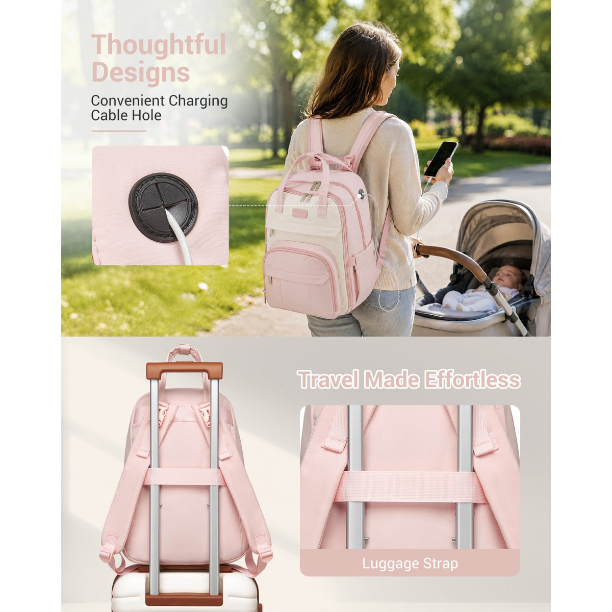 BCK2623 - Kono 2-in-1 Nappy Changing Backpack Set, Large Capacity Diaper Bag With Changing Mat - Black