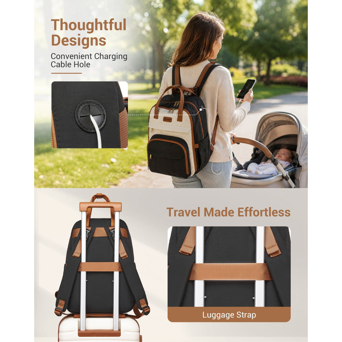 BCK2623 - Kono 2-in-1 Nappy Changing Backpack Set, Large Capacity Diaper Bag With Changing Mat - Black
