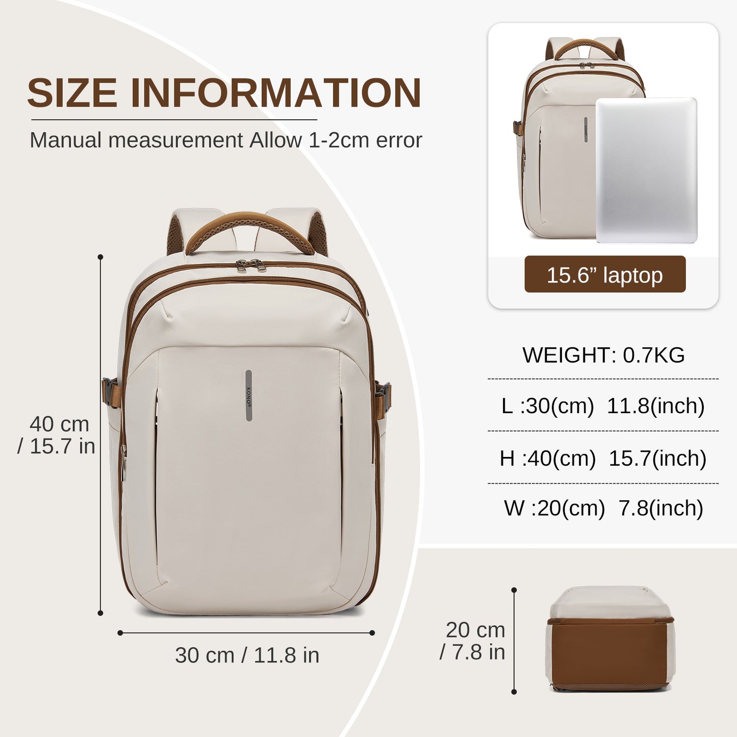 BPK2602- Kono Cabin Approved Carry On Backpack 40×30×20cm, Water Resistant 15.6 Inch Laptop Travel Rucksack with Dry-wet Separation Pouch