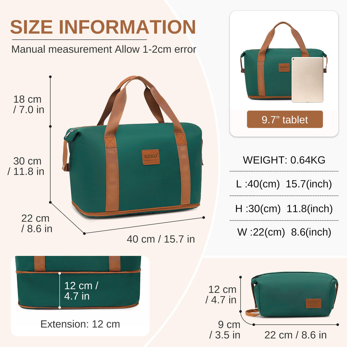 KSK2592+EA2212 - Kono 3‑Piece ABS+PC Suitcase Set with Travel Bag & Toiletry Pouch