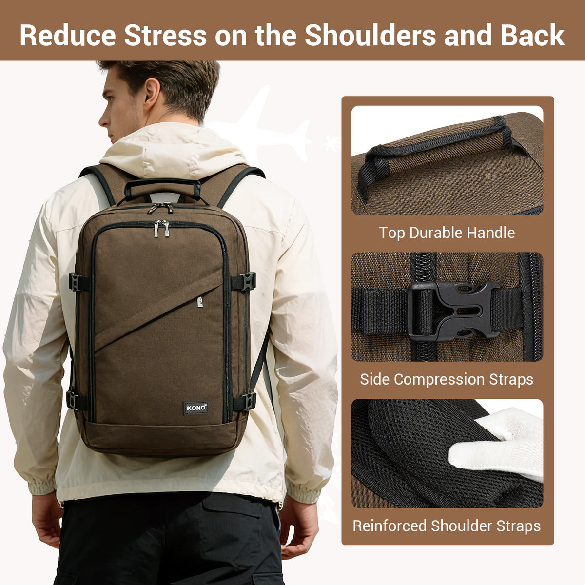 BPK2551 - Kono Flexible Cabin Backpack 30×20×40-Fits 15.6" Laptop, Clamshell Access-Great for Holidays, Work Trips & Commuting