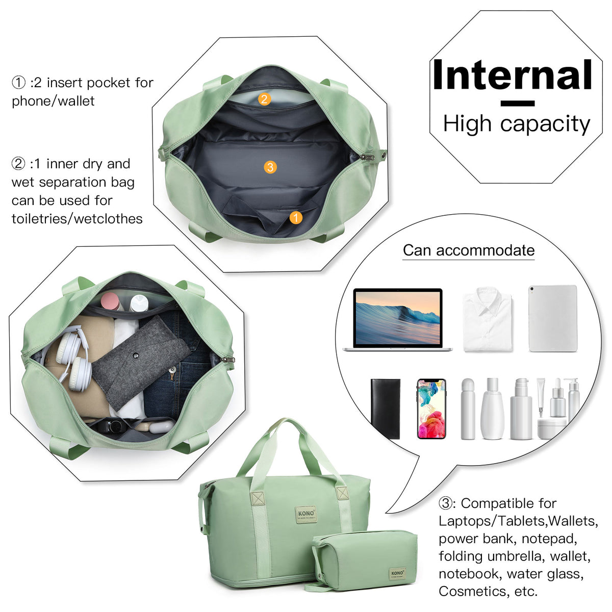 KSK2592+EA2212 - Kono 3‑Piece ABS+PC Suitcase Set with Travel Bag & Toiletry Pouch