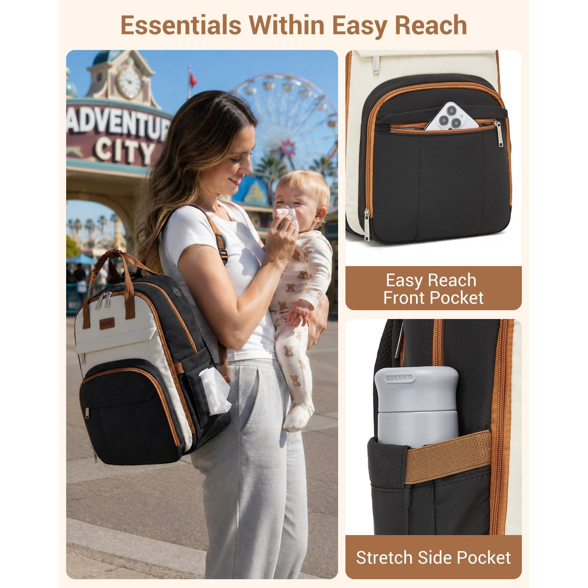 BCK2623 - Kono 2-in-1 Nappy Changing Backpack Set, Large Capacity Diaper Bag With Changing Mat - Black
