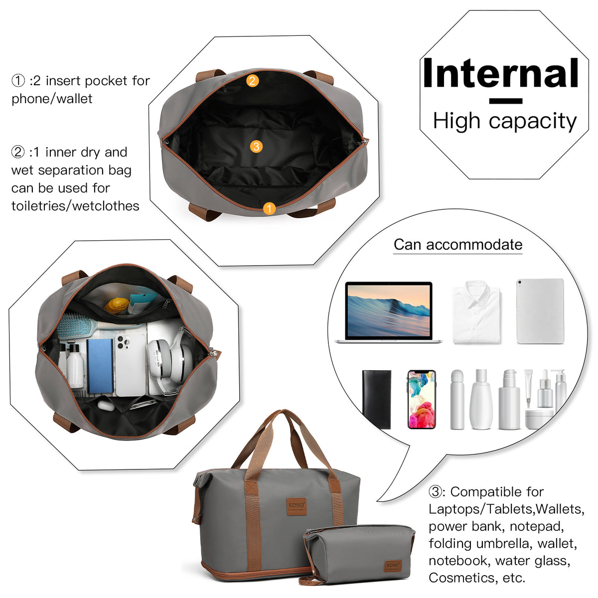 KSK2592+EA2212 - Kono 3‑Piece ABS+PC Suitcase Set with Travel Bag & Toiletry Pouch