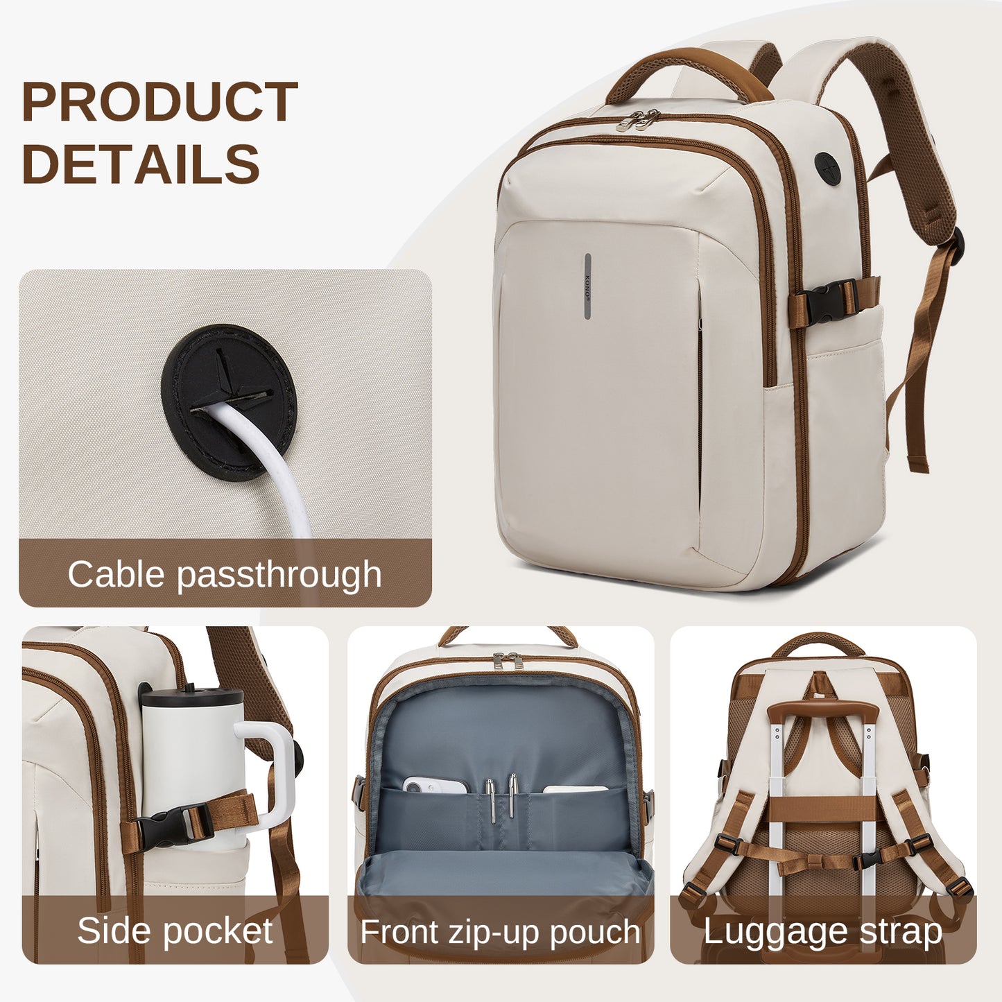BPK2602- Kono Cabin Approved Carry On Backpack 40×30×20cm, Water Resistant 15.6 Inch Laptop Travel Rucksack with Dry-wet Separation Pouch