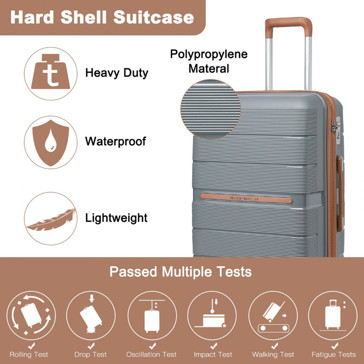 British Traveller K2392L - 3 Pcs Multi-Texture Polypropylene Hard Shell Suitcase With TSA Lock
