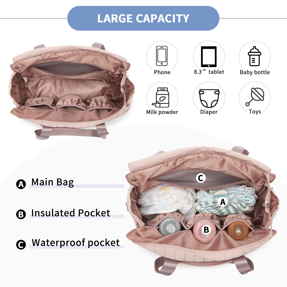 BCM2517 - Miss Lulu Stylish and Spacious Maternity Diaper Bag with Insulated Baby Bottle Pockets,Wet-Dry Separation,Stroller Strap