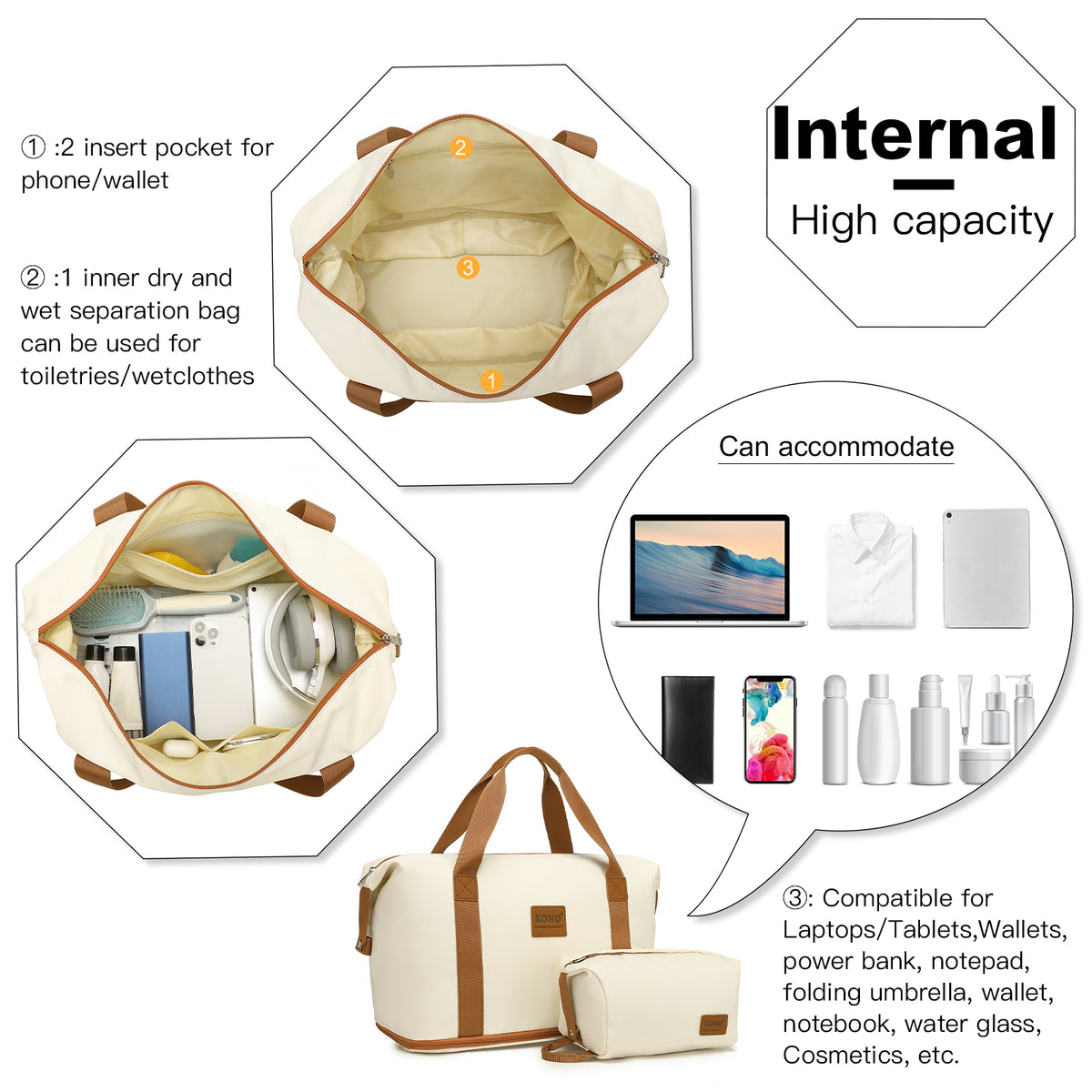 KSK2592+EA2212 - Kono 3‑Piece ABS+PC Suitcase Set with Travel Bag & Toiletry Pouch