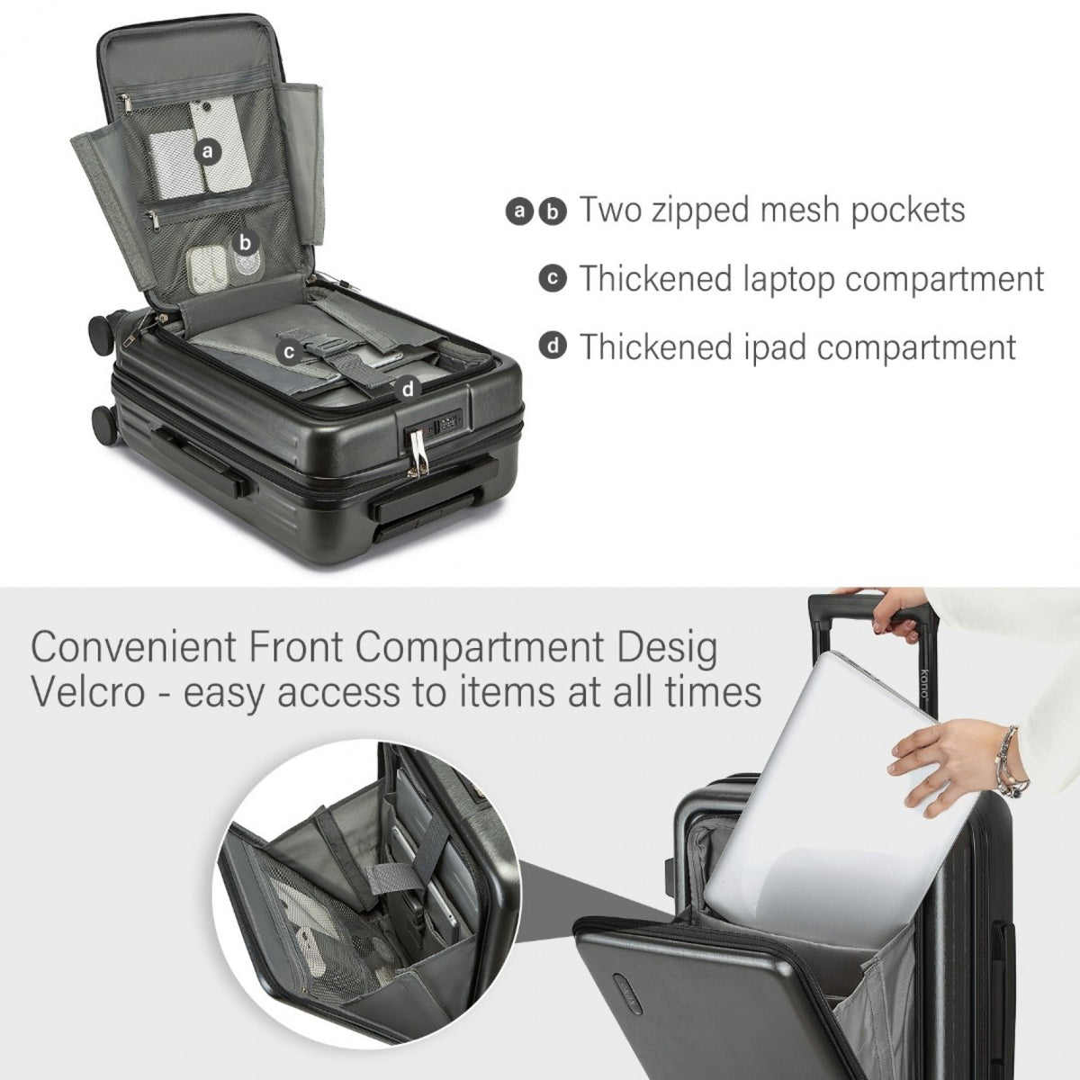 Kono 20" KSK2493 - Durable ABS+PC Carry-On Hardshell Suitcase with TSA Lock & Front Laptop Compartment