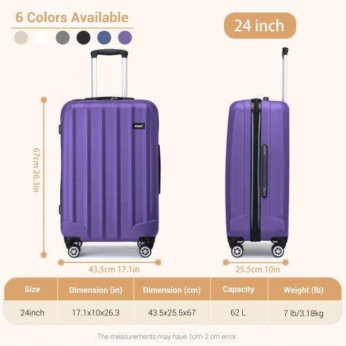 Technical size chart for purple 24-inch suitcase showing dimensions, weight, and capacity