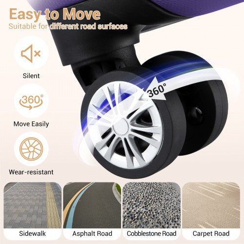 Silent 360-degree spinner wheels for purple suitcase shown on pavement and carpet surfaces