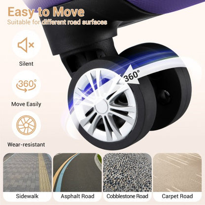 Silent 360-degree spinner wheels for purple suitcase shown on pavement and carpet surfaces