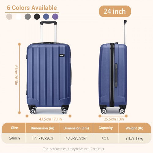 K1773-1L - Kono 24 Inch Striped ABS+PC Hard Shell Luggage with 360-Degree Spinner Wheels - Navy