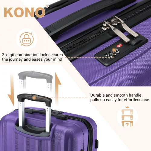 Purple KONO suitcase detail shot featuring combination lock, zipper track, and gold brand logo
