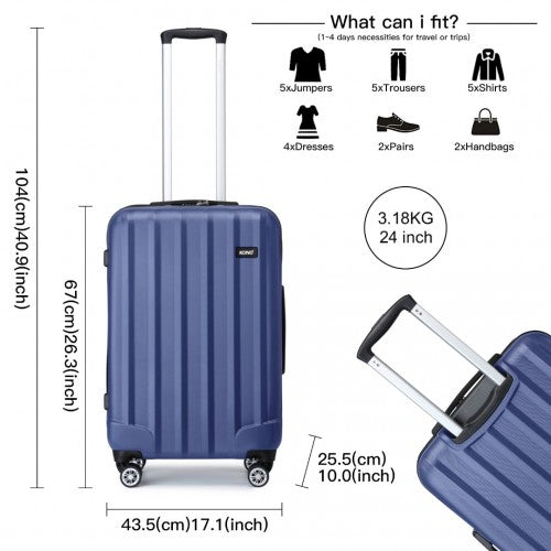 K1773-1L - Kono 24 Inch Striped ABS Hard Shell Luggage with 360-Degree Spinner Wheels - Navy