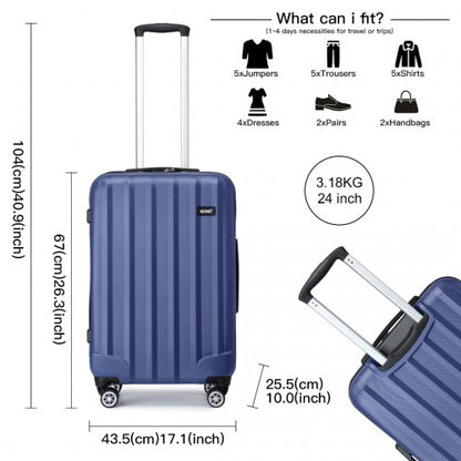 K1773-1L - Kono 24 Inch Striped ABS Hard Shell Luggage with 360-Degree Spinner Wheels - Navy