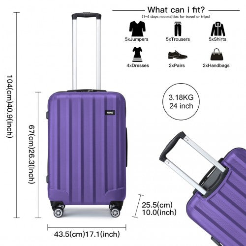 K1773-1L - Kono 19/24/28 Inch 3 Piece Set Striped ABS+PC Hard Shell Luggage with 360-Degree Spinner Wheels - Purple