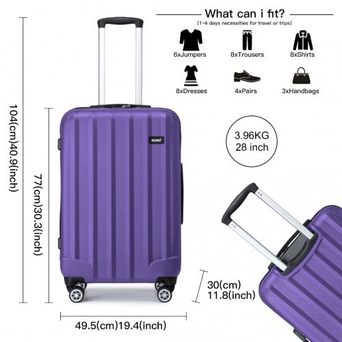 K1773-1L - Kono 19/24/28 Inch 3 Piece Set Striped ABS+PC Hard Shell Luggage with 360-Degree Spinner Wheels - Purple