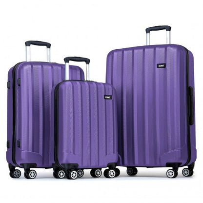 K1773-1L - Kono 19/24/28 Inch 3 Piece Set Striped ABS+PC Hard Shell Luggage with 360-Degree Spinner Wheels - Purple