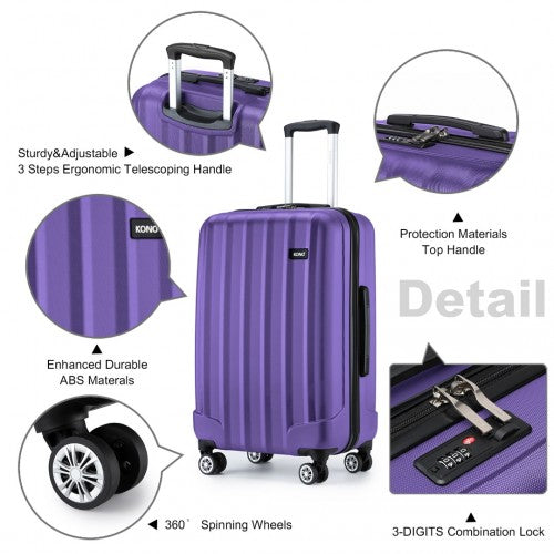 K1773-1L - Kono 19/24/28 Inch 3 Piece Set Striped ABS+PC Hard Shell Luggage with 360-Degree Spinner Wheels - Purple