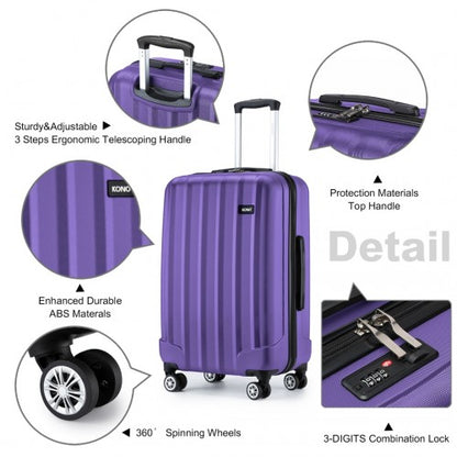 K1773-1L - Kono 19/24/28 Inch 3 Piece Set Striped ABS+PC Hard Shell Luggage with 360-Degree Spinner Wheels - Purple