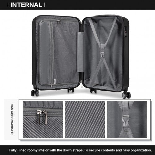 Black Kono 19-inch ABS carry-on interior with gray mesh lining, X-straps and zippered pocket for organized packing