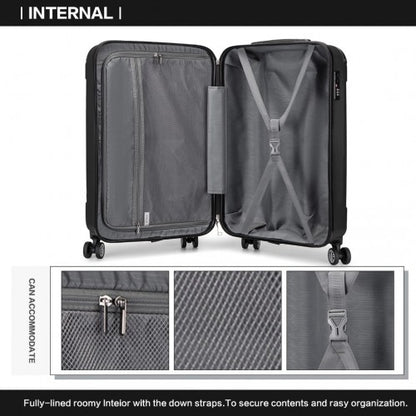 Black Kono 19-inch ABS carry-on interior with gray mesh lining, X-straps and zippered pocket for organized packing