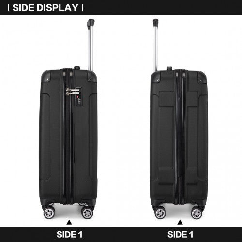 Side profile comparison showing recessed handle slot and combination lock mechanism on black hard shell luggage