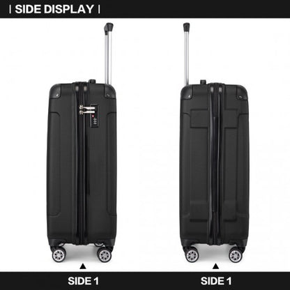 Side profile comparison showing recessed handle slot and combination lock mechanism on black hard shell luggage