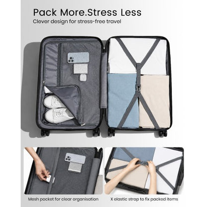 Open black suitcase interior with mesh pockets and elastic straps holding sneakers and folded clothes