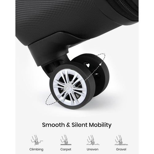 Close-up of smooth silent dual-wheel assembly on black ABS hard shell suitcase for all-terrain mobility