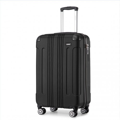 Three-quarter view of black 19-inch KONO carry-on with vertical ribbed texture and matte finish