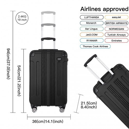 Upright black 19-inch ABS hard shell carry-on with silver telescopic handle and 360-degree spinner wheels