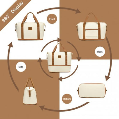 K1871-1L+EA2212 - Kono 6 Piece ABS Suitcase Set With 4 Wheel Design Including Vanity Case Weekend Bag And Toiletry Bag - Cream