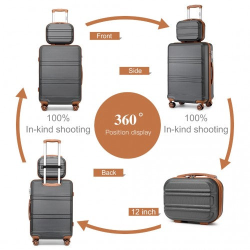 K1871-1L+EA2212 - Kono 6 Piece ABS Suitcase Set With 4 Wheel Design Including Vanity Case Weekend Bag And Toiletry Bag - Grey And Brown
