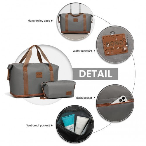 K1871-1L+EA2212 - Kono 6 Piece ABS Suitcase Set With 4 Wheel Design Including Vanity Case Weekend Bag And Toiletry Bag - Grey And Brown