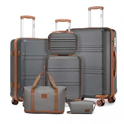 K1871-1L+EA2212 - Kono 6 Piece ABS Suitcase Set With 4 Wheel Design Including Vanity Case Weekend Bag And Toiletry Bag - Grey And Brown