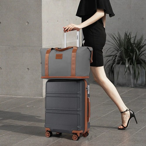 K1871-1L+EA2212 - Kono 6 Piece ABS Suitcase Set With 4 Wheel Design Including Vanity Case Weekend Bag And Toiletry Bag - Grey And Brown