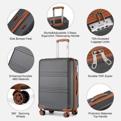 K1871-1L+EA2212 - Kono 6 Piece ABS Suitcase Set With 4 Wheel Design Including Vanity Case Weekend Bag And Toiletry Bag - Grey And Brown