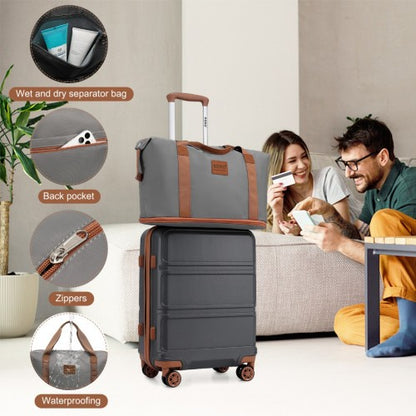 K1871-1L+EA2212 - Kono 6 Piece ABS Suitcase Set With 4 Wheel Design Including Vanity Case Weekend Bag And Toiletry Bag - Grey And Brown