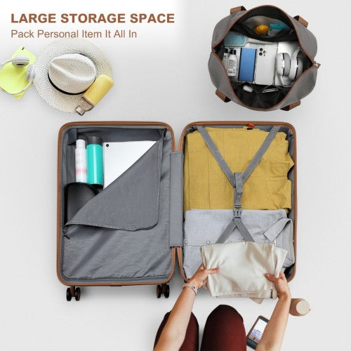 K1871-1L+EA2212 - Kono 6 Piece ABS Suitcase Set With 4 Wheel Design Including Vanity Case Weekend Bag And Toiletry Bag - Grey And Brown