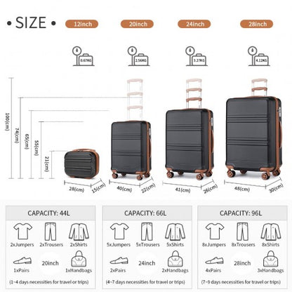 Easy Luggage K1871-1L - Kono ABS Sculpted Horizontal Design 4 Pcs Suitcase Set With Vanity Case - Black And Brown
