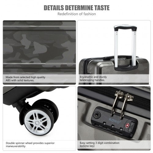 K1871-1L - Kono ABS 20 Inch Sculpted Horizontal Design Cabin Luggage - Camouflage Grey And Black