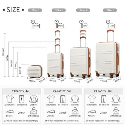 Easy Luggage K1871-1L - Kono ABS Sculpted Horizontal Design 4 Pcs Suitcase Set With Vanity Case - Cream