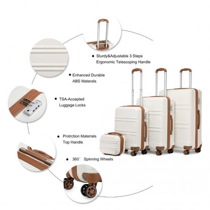 Easy Luggage K1871-1L - Kono ABS Sculpted Horizontal Design 4 Pcs Suitcase Set With Vanity Case - Cream
