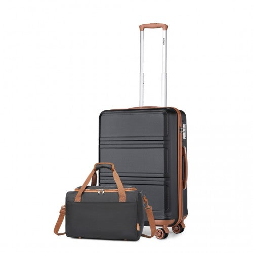 K1871-1L+EA2321 - Kono ABS 20 Inch Sculpted Horizontal Design 2 Piece Suitcase Set With Cabin Bag - Black And Brown