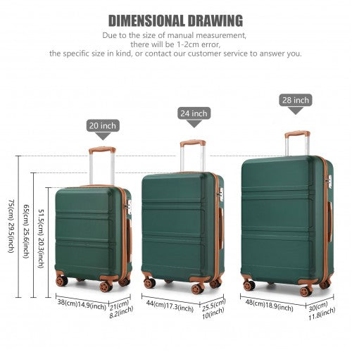 K1871-1L - Kono ABS Sculpted Horizontal Design 3 Piece Suitcase Set - Green And Brown