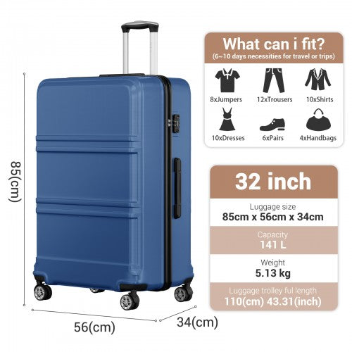 K1871-1L - Kono ABS+PC 32 Inch Extra-Large Suitcase, Sculpted Horizontal Design, Hard-Shell Wheeled Luggage with Telescopic Handle - Navy